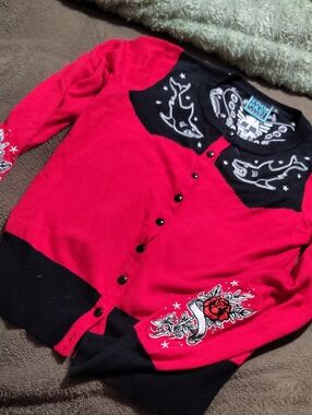 Rockabilly Red & Black Embroidered Cardigan Sweater